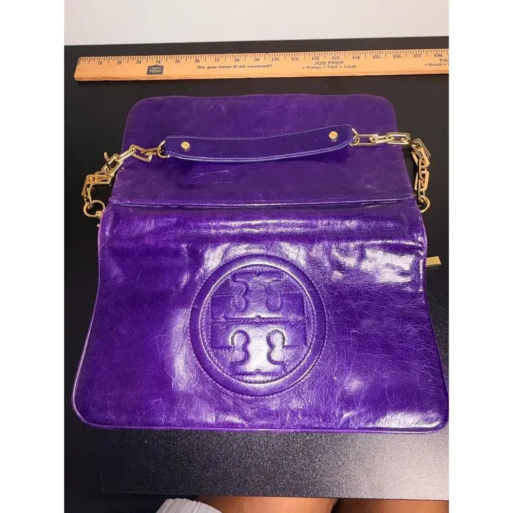 Tory Burch Bombe Reva Purple Leather Clutch Crossbody Bag Gold Chain Strap Logo